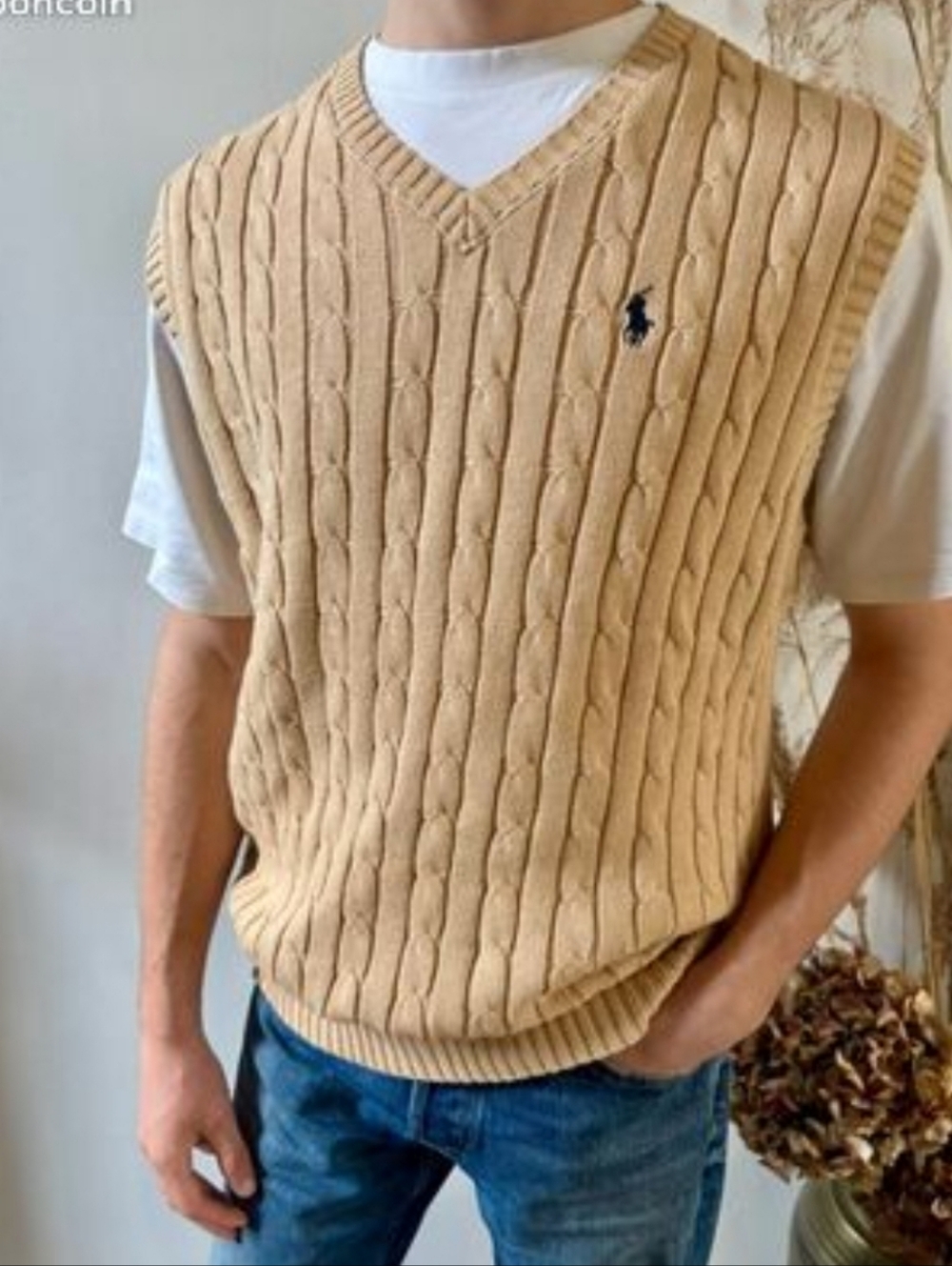 Ralph Lauren Polo Mens Cotton Tan Cable Knit Vest XL